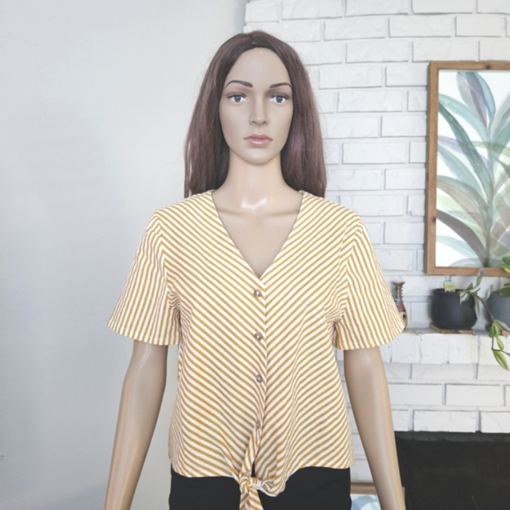 MNG Mango mustard striped short sleeves linen tie waist button down shirt
